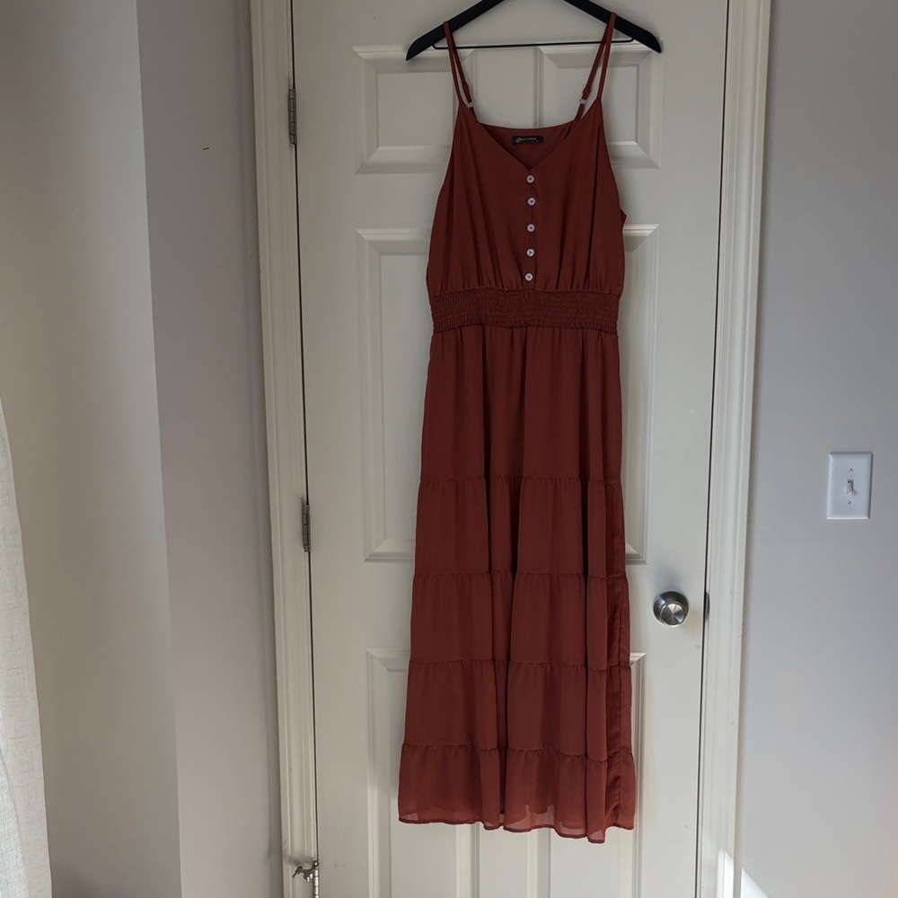 Smocked Waist Rust Maxi Dress with Button Front